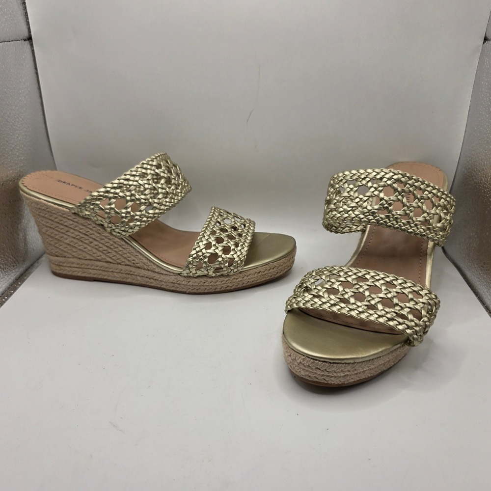 Draper James Womens Gold Woven Double Strap Espadrille Wedge Sandals Mules 9
